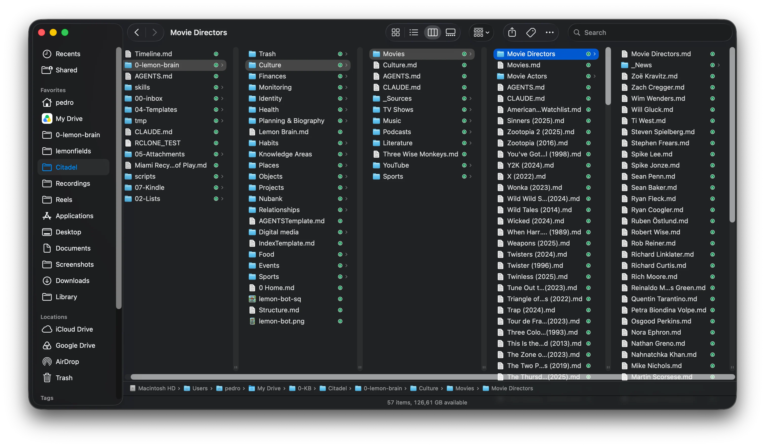 Folder structure of the personal knowledge base in Finder, with instructions organized by domain.